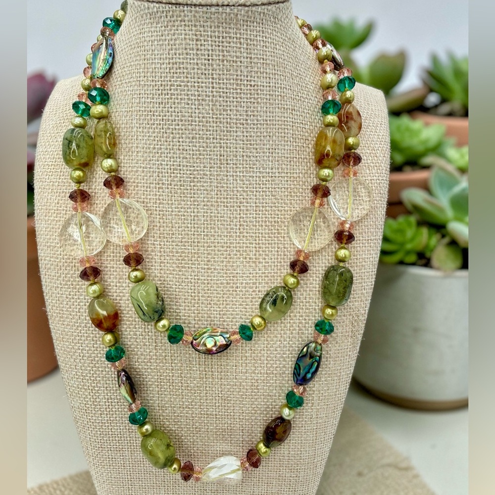 One Of A Kind Artisan Abalone Moss Agate Quartz Pearl 40” Necklace 925 Gemstone - Picture 4 of 17